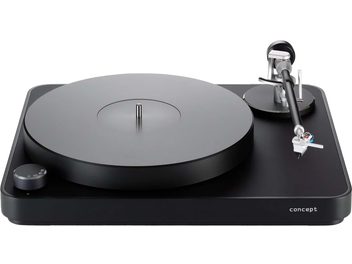 Platine vinyles hi-fi ClearAudio Pack Concept Performer noir, vue de face, plateau circulaire, bras de lecture à droite, bouton de réglage à gauche