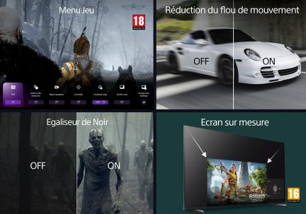 Quatre sections : menu jeu avec options, voiture blanche floue, créature dans forêt sombre, écran avec image de jeu