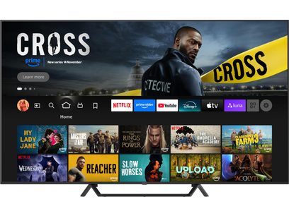 Panasonic TV-75W95BEG high-definition television in black with a slim metal frame and matching angular feet, front view, screen on displaying a colorful streaming interface