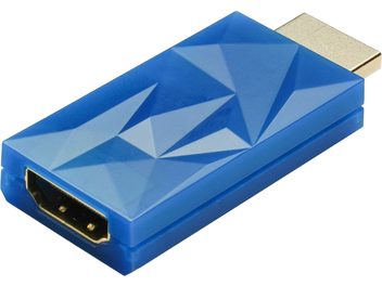 Conditionneur secteur iFi Audio HDMI iSilencer, connecteur HDMI mâle doré, boîtier bleu à motifs géométriques, vue en perspective