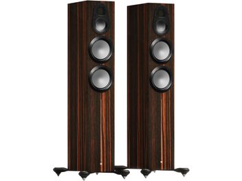 Enceintes colonne Monitor Audio Gold 300 6G macassar, vue de face, 2 haut-parleurs, finition bois sombre, socles noirs