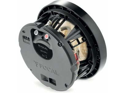 Ενσωματωμένο ηχείο οροφής Focal 300 ICW6, πίσω όψη, κυκλικό σχήμα, μαύρο περίβλημα, κόκκινοι και λευκοί συνδετήρες