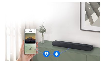 Smartphone held vertically displaying a music app, black soundbar on a green cabinet, transparent vase with a plant, wall frame.