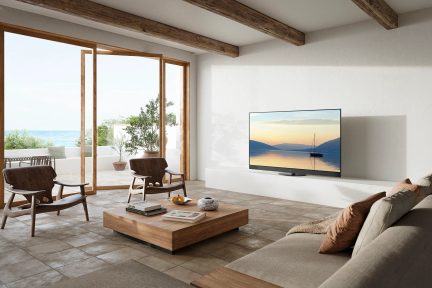 Salon moderne avec vue sur mer, canapé beige, table basse en bois, 2 fauteuils, télévision, baies vitrées, plantes