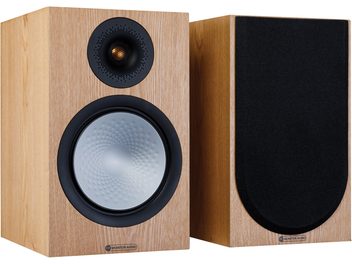 Monitor Audio Silver 100 7G libreria diffusore in chiaro rovere, vista frontale e laterale, tweeter e altoparlante mid-woofer