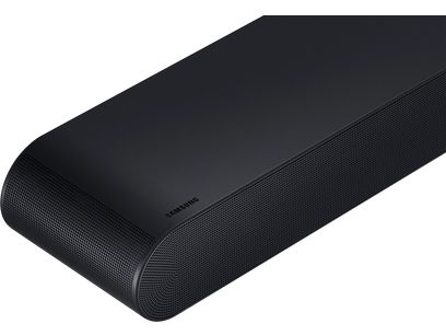 Black Samsung HW-S66D soundbar, front view, elongated rectangular shape with metal grille on the front face