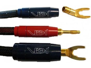 Tre spinotti banana Van den Hul di colori diversi - blu, rosso e nero - con terminali dorati a forma di forchetta