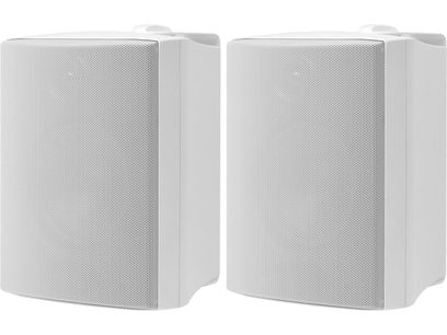 Deux enceintes acoustiques blanches rectangulaires Cabasse ZEF 17 blanc, vues de face, grilles métalliques sur la face avant