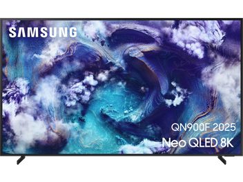 Téléviseur Samsung QN900F 2025 noir à cadre métallique ultra‑fin, écran plat Neo QLED 8K, vue de face, bords quasi invisibles et pieds noirs écartés