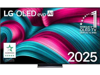 Téléviseur LG OLED83C5 noir, écran plat en verre bord à bord entouré d’un fin cadre métallique noir satiné et posé sur un socle central discret, vue de face