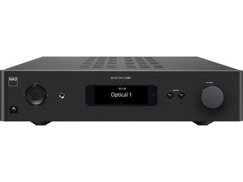 NAD C658 black stereo preamplifier, front view, digital display showing "Optical 1 -36.5 dB", front buttons and inputs