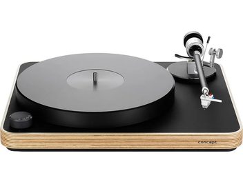 Platine vinyles hi-fi ClearAudio Pack concept virtuoso, vue de face, plateau noir, bras de lecture argenté, socle en bois stratifié