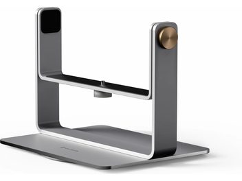 Βάση για βιντεοπροβολέα Valerion DGS-01-Desktop Gimbal Stand από αλουμίνιο σε ανθρακί γκρι και ασημί, προοπτική τριών τετάρτων από μπροστά, με επίπεδη ορθογώνια βάση, U-σχήμα πλαίσιο, κεντρική οδοντωτή βίδα στερέωσης και πλευρικό μπρονζέ ροδάκι