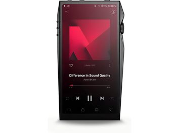 Eestvaade mustast alumiiniumist Astell&Kern SP4000 audiofiili muusikamängijale: nurgeline korpus, esikülge katab suur puuteekraan, paremal küljel asub astmeline helitugevuse rullik