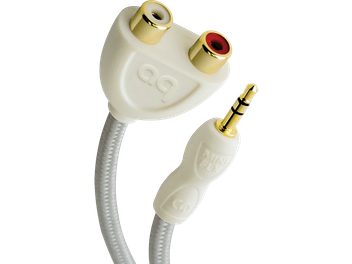 Adattatore audio Audioquest FLX-Mini/RCA a forma di rana bianca stilizzata con occhi dorati, cavo bianco e jack rosso