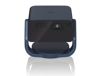 Epson EF-22N videoprojektor, eestvaade, must ristkülikukujuline korpus, keskne objektiiv, sinine kaarjas tugi, peegeldav pind