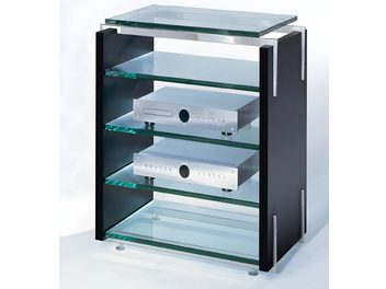 Έπιπλο Hi-Fi Schroers & Schroers Charisma Audio, 4 γυάλινα ράφια, μαύρη μεταλλική κατασκευή, 2 ασημί συσκευές