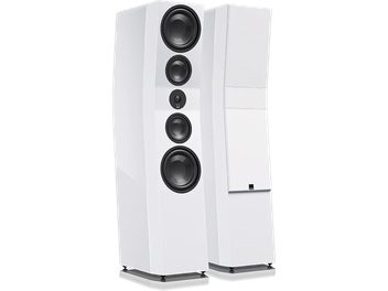 Enceintes colonnes SVS Ultra Evolution Pinnacle blanc laqué, vue de face, deux enceintes côte à côte, quatre haut-parleurs noirs par enceinte