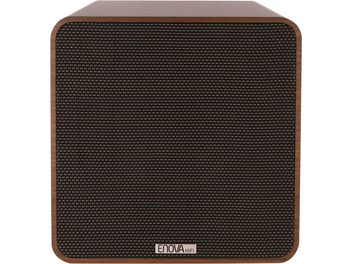 Enova HIFI Vela Sub 8A bassikõlar, eestvaade, must tekstuuriga võre, ümar puidust raam, metallist logo allosas
