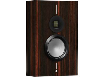 Enceinte bibliothèque Monitor Audio Gold On-Wall 6G macassar, vue de face, finition bois sombre, 2 haut-parleurs circulaires