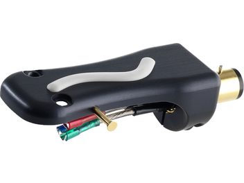 Ortofon LH-10000 vinyl platinum headshell, perspective view, black body, gold connector, red, green, blue, white cables