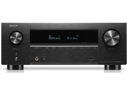 Ampli home-cinéma Denon AVR-X2800H DAB noir, vue de face, affichage LED, boutons et molettes de contrôle, ports USB et HDMI