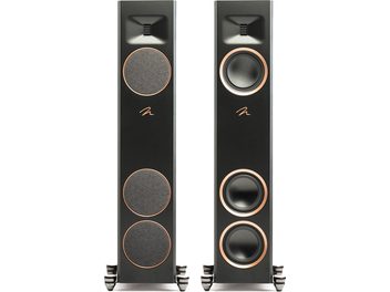 Enceinte colonne Motion F10 avec deux unités, face avant noire, trois haut-parleurs circulaires et un logo central doré.