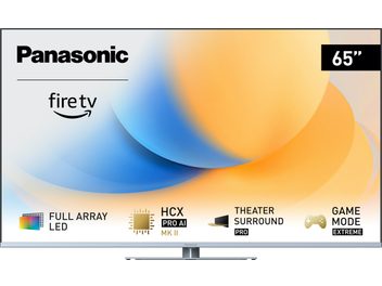 TV-65W93AE6 Panasonic, fladskærm, set forfra, fire tv-logo, ikoner for full array LED, HCX Pro AI MK II, theater surround pro, game mode extreme, blå og orange gradient baggrund, størrelse 65 tommer