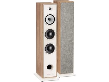 Triangle Borea BR08 chêne clair, enceinte colonne, face avant, haut-parleurs blanc et noir, caisson bois clair