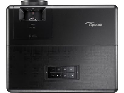 Προβολέας Optoma UHZ55 μαύρου χρώματος, άποψη από πάνω, με ζουμ, μετατόπιση φακού και πίνακα ελέγχου με κουμπιά στην επάνω πλευρά