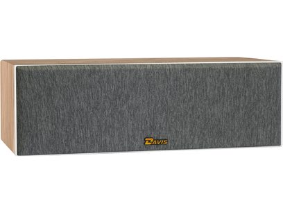 Davis Acoustics Krypton C Nordik keskkanaliga kõlar (valge), eestvaade, hallist kangast võre, allosas kollane logo, ristkülikukujuline korpus