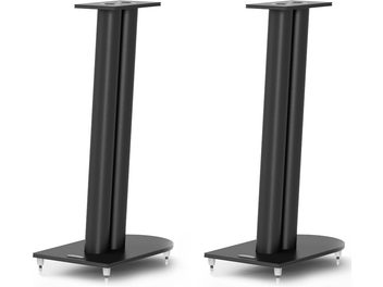 Two matte black PMC STD Twenty5 2122 speaker stands, cylindrical, metal, on square base