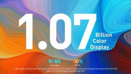 Affiche publicitaire avec texte "1.07 Billion Color Display" sur fond coloré fluide bleu et orange