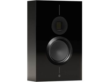 Enceinte bibliothèque Monitor Audio Gold On-Wall 6G noir laqué, vue de face, grille circulaire supérieure, haut-parleur central