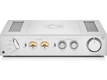 Ampli hi-fi stéréo Rose RA280 argent, vue de face. Façade argentée avec boutons, vu-mètres, sélecteurs et prises en façade