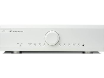 Musical Fidelity M6s PRE stereo preamplifier silver with rectangular front panel, central circular knob, and 9 aligned buttons