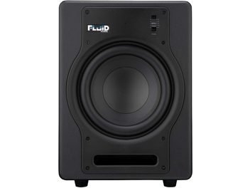 Diffusore amplificato da monitor Fluid Audio F8S nero visto frontalmente, altoparlante circolare, tweeter, logo