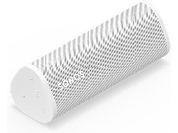 Enceinte bluetooth Sonos Roam 2 blanc, vue en perspective, grille perforée, boutons de commande sur le côté