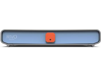 Lecteur audio réseau Volumio Rivo classic, vue de face, boîtier rectangulaire, couleur bleue, bouton central orange