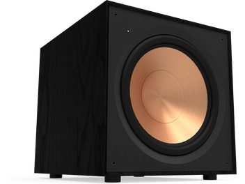 Klipsch R-121SW mati musta kuubikujuline bassikast, suur ümmargune vasest kõlar, eestvaade