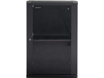 Sort audiovisuelt Norstone Pro Wall Rack 18U sort med glasdør, rektangulær ramme, øverste ventilationsgitter