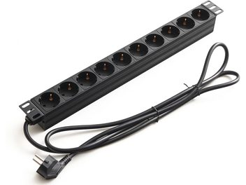 Strømskinne med afbryder, 10 SCHUKO-udtag på linje horisontalt, sort kabel fastgjort med europæisk stik