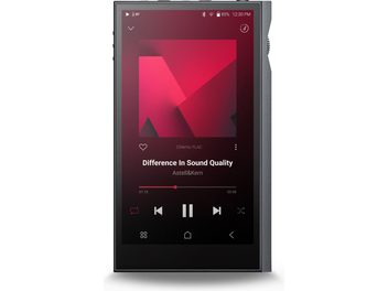 Astell&Kern Kann ULTRA audiofiilidele mõeldud muusikamängija sisselülitatud ekraan, tumepunane kasutajaliides, taasesitus käimas