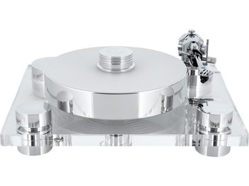 Transrotor Bellini RB880 hõbedane hi-fi vinüülplaadimängija, poleeritud alumiiniumist, läbipaistval akrüülraamil, kergelt ülevalt ettevaates, massiivse taldriku, keskmise laagri raskuse ja kroomitud silindriliste jalgadega