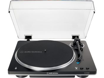 AT-LP70XBT nero, vista dall'alto, piatto circolare nero, braccio di lettura a destra, coperchio trasparente sollevato