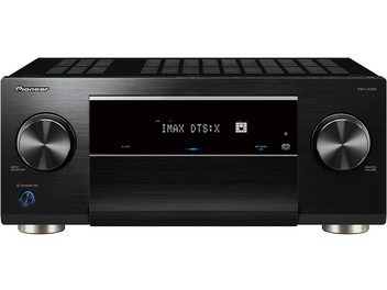 Pioneer VSX-LX505 sort home-cinema-forstærker, sort, aluminiumsfront, blåt display, drejelige knapper, set forfra