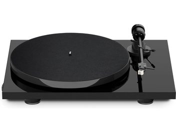 Giradischi hi-fi E1 Phono nero laccato, vista dall'alto, piatto circolare nero, braccio di lettura a destra, base rettangolare nera