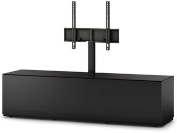 Meuble TV noir avec support pour écran plat intégré, 2 étagères ouvertes et un grand tiroir en partie basse