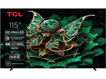 Téléviseur TCL 115C7K de 115 pouces vue de face, cadre mince en métal noir avec pieds angulaires et écran affichant une illustration verte détaillée