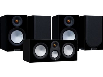 Monitor Audio Silver 50 7G lakkpindadega raamaturiiuli kõlarite komplekt, mustades viimistlusvärvidest, eestvaade, 3 kõlarit nähtavate kõlaridetailidega